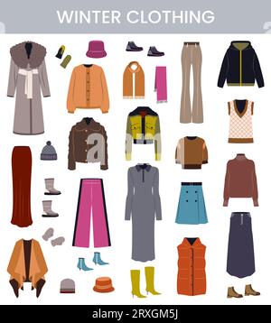 Set di abbigliamento invernale femminile. Arte vettoriale piatta. Illustrazione Vettoriale