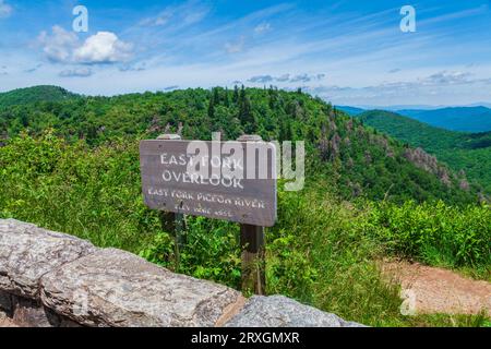 Vista del fiume East Fork Pigeon (altitudine 4955) dal Blue Ridge Parkway (National Park) nel North Carolina. Foto Stock