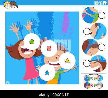 Illustrazione a cartoni animati di gioco educativo abbina i pezzi puzzle con i bambini felici Illustrazione Vettoriale