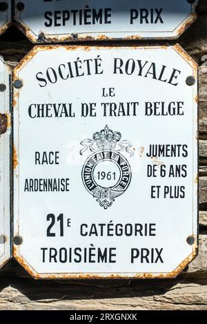 Targa di gara del draft belga smaltata della Société Royale de Cheval de Trait Belge per i cavalli da tiro belgi, Belgio Foto Stock