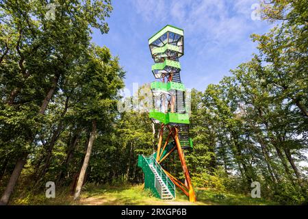 Nossen, Germania. 25 settembre 2023. La torre Rodigt a Nossen, in Sassonia, fu costruita nel 2019. Questa torre alta 29,9 m ricorda un albero con foglie di noce, che appaiono anche nello stemma della città. Credito: Daniel Schäfer/dpa/Alamy Live News Foto Stock