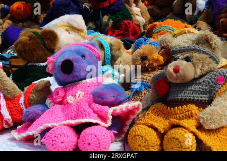 Un gruppo di orsacchiotti di diversi colori e taglie indossando abiti a uncinetto. Sembrano coccolati, adorabili.la foto è commovente, nostalgica ed ev Foto Stock