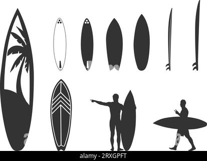 Set vettoriale per tavole da surf, silhouette per tavole da surf, silhouette per tavole da surf, svg per tavole da surf, illustrazione vettoriale tavola da surf, circuito integrato tavola da surf Illustrazione Vettoriale