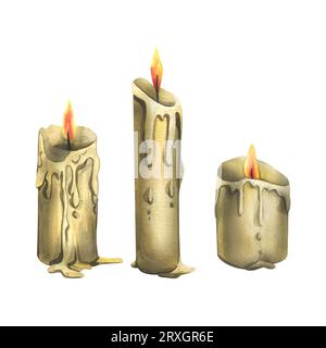 Una semplice candela con una fiamma in fiamme, gocce e macchie di cera. Illustrazione ad acquerello disegnata a mano per il giorno dei morti, halloween, dia de los muertos Foto Stock