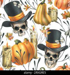 Teschi umani in cappello nero con zucche arancioni, falena, candele e foglie d'acero autunnale. Illustrazione ad acquerello disegnata a mano per Halloween. Senza interruzioni Foto Stock