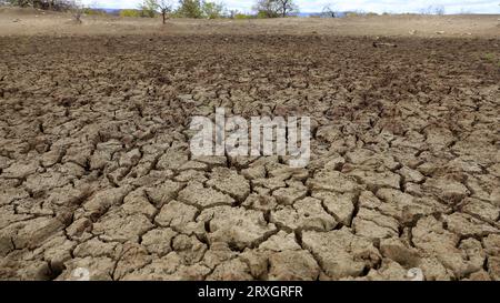 Curaca, bahia, brasile - 17 settembre 2023: Vista della terra incrinata in una diga asciutta a causa della siccità nelle terre retrostanti di Bahia Foto Stock