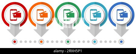 Online, set di icone per i vettori di pagamento mobili, modello infografico di design piatto, impostare icone per il concetto di puntatore in 5 colori per la progettazione Web e l'applic mobile Illustrazione Vettoriale