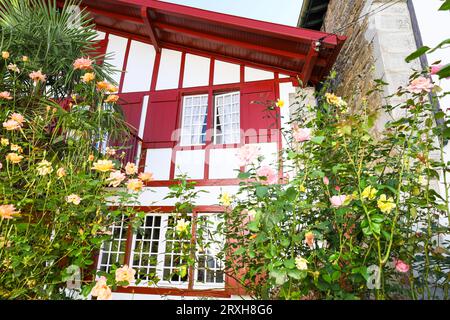 Case tradizionali in legno con giardino ad Ainhoa, una piccola città vicino al confine spagnolo Foto Stock