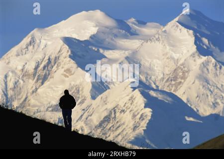 Escursionista che si staglia contro il Monte McKinley innevato nel Denali National Park and Preserve, Alaska, Stati Uniti d'America Foto Stock