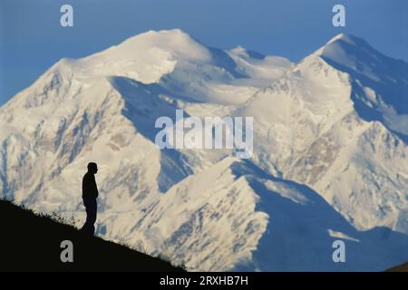 Escursionista che si staglia contro il Monte McKinley innevato nel Denali National Park and Preserve, Alaska, Stati Uniti d'America Foto Stock