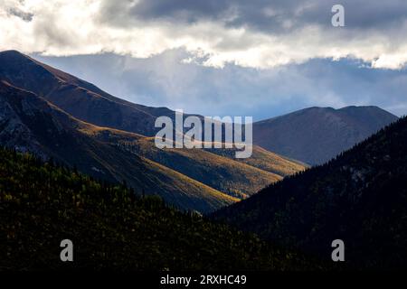 Nuvole d'tempesta sulle montagne colorate d'autunno nello Yukon, Canada; Yukon, Canada Foto Stock