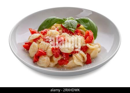 Orecchiette di pasta condita con pomodoro fresco, olio d'oliva e con foglie di basilico e parmisan in piatto bianco isolato su bianco con percorso di ritaglio incluso Foto Stock