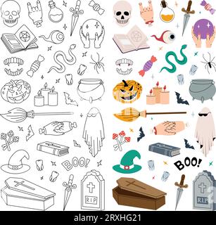 Buon set di Halloween. Banner verticale Halloween. Bottiglia di veleno, pentola magica, sfera di cristallo, vecchia tomba, bara, zucche spaventose, pipistrello, serpente. Trick o dolcetto. Illustrazione Vettoriale