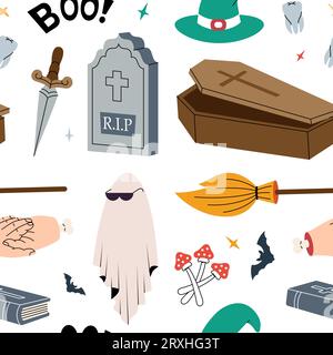 Buon motivo di Halloween. Sfondo perfetto per Halloween. Bottiglia di veleno, pentola magica, sfera di cristallo, tomba, bara, zucche spaventose, coltello. Trick o dolcetto. Illustrazione Vettoriale