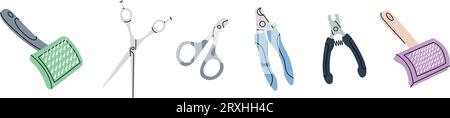 Strumenti per la cura del corpo degli animali domestici. Spazzole, tospellicce, tagliacunghie, forbici. Accessori per animali, articoli per animali domestici. Illustrazione vettoriale. Illustrazione Vettoriale