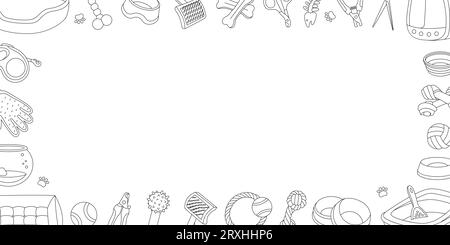 L'animale domestico fornisce il banner orizzontale. Accessori per animali, articoli per giocattoli. Medaglia, forbici, regolacapelli, spazzola, Rimuovi pellicce, aquarium, porta zaino Illustrazione Vettoriale