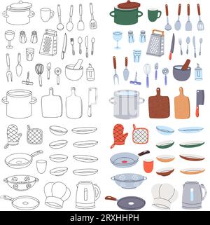 Stoviglie e posate. Utensili da cucina, utensili da cucina. Striscione verticale utensili da cucina. Piastre in ceramica, tazza, tazza, vetro, padella, crivello Illustrazione Vettoriale