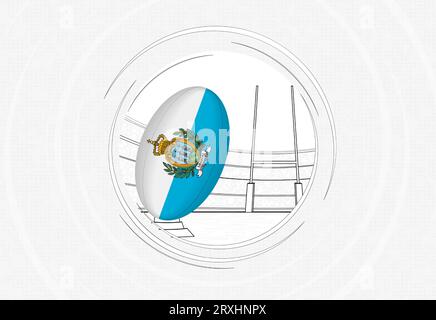 Bandiera di San Marino sulla palla da rugby, icona del rugby a cerchio con palla in uno stadio affollato. Emblema sportivo vettoriale su sfondo astratto. Illustrazione Vettoriale