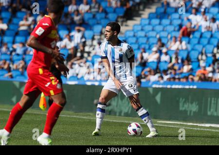 San Sebastian, Spagna. 24 settembre 2023. Mikel Merino (Sociedad) calcio/calcio : spagnolo 'LaLiga EA Sports' partita tra Real Sociedad 4-3 Getafe CF alla reale Arena di San Sebastian, Spagna . Crediti: Mutsu Kawamori/AFLO/Alamy Live News Foto Stock