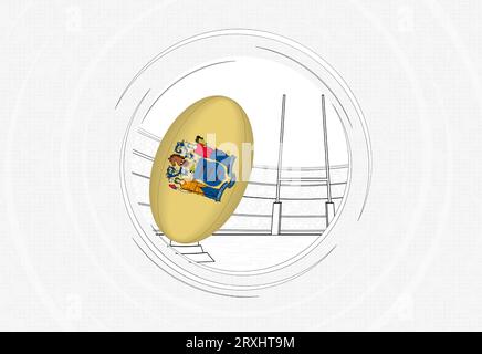 Bandiera del New Jersey sulla palla da rugby, icona del rugby circolare con palla in uno stadio affollato. Emblema sportivo vettoriale su sfondo astratto. Illustrazione Vettoriale