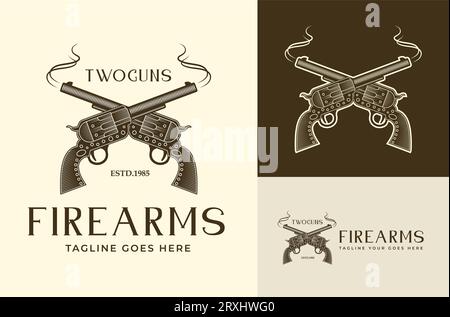 WESTERN Crossed Gun Cowboy Gun silhouette Revolver in stile vintage retro Illustrazione Vettoriale