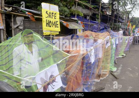 Non esclusiva: 25 settembre 2023, Calcutta, India: Gli attivisti del Congresso stanno all'interno della zanzariera durante la protesta contro il crescente numero di Dengue CA Foto Stock