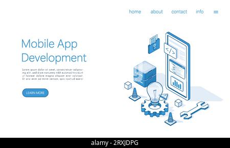 Concetto di sviluppo di app mobili modello di landing page. Vettore isometrico. Illustrazione Vettoriale