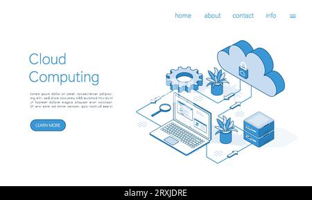 Modello di landing page concetto di cloud computing. Inclusi server, storage, database, tecnologia di connessione. Vettore isometrico. Illustrazione Vettoriale