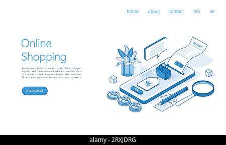 Modello di pagina di destinazione fattura di pagamento per lo shopping online. Smartphone, ricevuta cartacea. Vettore isometrico. Illustrazione Vettoriale