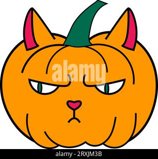 Jack o lanterna di Halloween a forma di personaggio animale scontroso gatto grasso disegnato in stile piatto Illustrazione Vettoriale