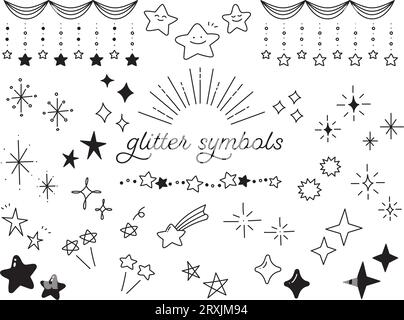 Grazioso set di illustrazioni con glitter monocromatico e stelle. Disegni al tratto dal gusto elegante disegnato a mano. Illustrazione Vettoriale