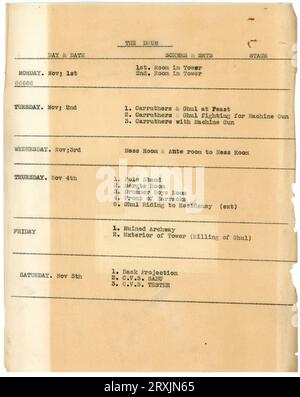 Programma delle riprese ai Denham Studios per IL DRAMMA ZOLTAN KORDA romanzo A.E.W. Mason (pubblicato dalla London Films / United Artists nel 1938) che coinvolge SABU ROGER LIVESEY RAYMOND MASSEY e DESMOND TESTER per la settimana a partire dal 1 novembre 1937 Foto Stock