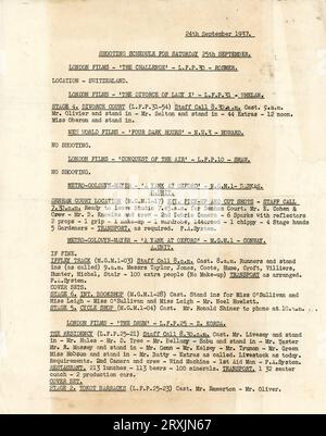 Programma delle riprese ai Denham Studios per sabato 24 settembre 1937, comprese le produzioni uscite nel 1938: LAURENCE OLIVIER e MERLE OBERON che filmano IL DIVORZIO DEL regista di LADY X TIM WHELAN per London Films, ROBERT TAYLOR MAUREEN o'SULLIVAN VIVIEN LEIGH e RONALD SHINER in Un FILONE A OXFORD, regista JACK CONWAY per Metro Goldwyn Mayer e SABU ROGER LIVESEY VALERIE HOBSON e RAYMOND MASSEY nel direttore della BATTERIA ZOLTAN KORDA per London Films Foto Stock