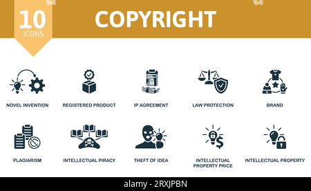 Set di copyright. Icone creative: Nuova invenzione, prodotto registrato, accordo ip, protezione della legge, marchio, plagio, pirateria intellettuale, furto di Illustrazione Vettoriale