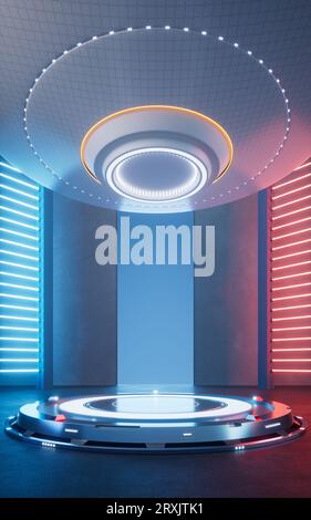 Palcoscenico futuristico con luci al neon accese e rendering 3D. Disegno digitale. Foto Stock