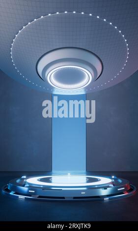 Palcoscenico futuristico con luci al neon accese e rendering 3D. Disegno digitale. Foto Stock