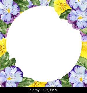 cornice rotonda ad acquerello con fiori e foglie disegnati a mano, fiori primaverili viola e gialli, illustrazione estiva, isolata su sfondo bianco. Foto Stock