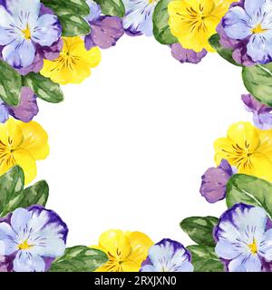 cornice quadrata ad acquerello con fiori e foglie disegnate a mano, fiori primaverili viola e gialli, illustrazione estiva, isolata su sfondo bianco. Foto Stock