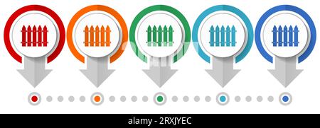 Recinzione in legno, set di icone vettoriali di barriera, modello infografico di design piatto, impostare icone di concetto puntatore in 5 colori per la progettazione Web e l'applicazione mobile Illustrazione Vettoriale