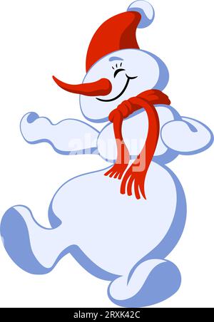 Buffo pupazzo di neve danzante. Personaggio dei cartoni animati. Clipart vettoriale isolato su bianco. Illustrazione Vettoriale