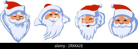 Babbo Natale Faces. Quattro diversi personaggi dei cartoni animati. Clipart vettoriali isolati su bianco. Illustrazione Vettoriale