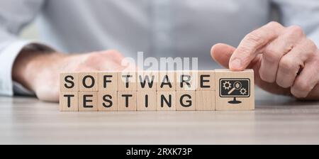 Blocchi di legno con simbolo del concetto di test software Foto Stock