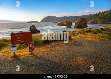 Segui l'indicazione per il punto panoramico panoramico di Pistol River State di Meyers Creek Beach, costa dell'Oregon Foto Stock