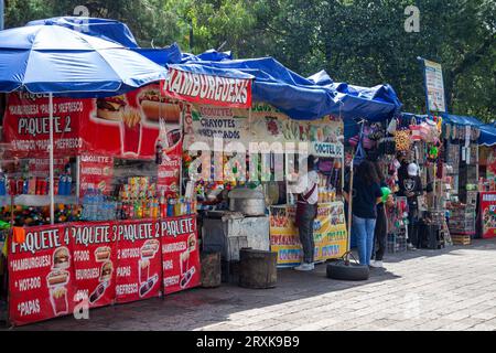 Bancarelle commerciali nel Chapultepec Park per i visitatori delle vicine Musuems, città del Messico, Messico Foto Stock