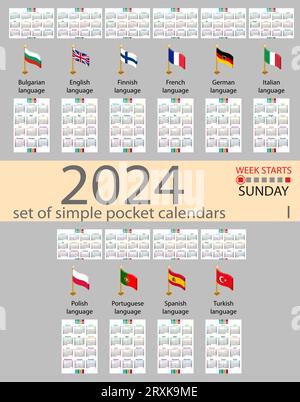 Serie orizzontale e verticale di calendari tascabili per 2024 (duemilaventiquattro). La settimana inizia lunedì. Anno nuovo. Design semplice a colori. Vettore Illustrazione Vettoriale