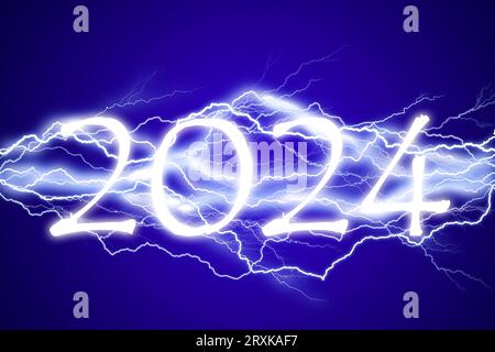 2024, effetto illuminante capodanno, energia elettrica, concetto drammatico di tempesta Foto Stock