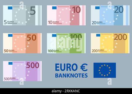 Stacksof banconote in tagli da 5,10, 20, 50 , 100, 200 e 500 euro su sfondo bianco. Carta moneta dell'Unione europea cinque, dieci, venti Illustrazione Vettoriale