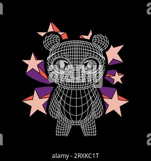 T-shirt di un orso circondato da stelle su sfondo nero. Illustrazione lineare per San Valentino. Illustrazione Vettoriale