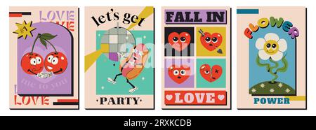 Poster retrò con personaggi comici psichedelici, fiori, cuori, ciliegie e simpatici hot dog. Opuscoli o modello di scheda con elementi hippie groovy. Inviti per eventi cartoni animati. Illustrazione vettoriale Illustrazione Vettoriale