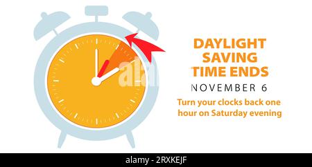 Fine dell'ora legale, banner del 6 novembre. Orologio grafico minimalista con ora variabile. Concetto di ripiegamento. Orologio minimalista con data calendario Illustrazione Vettoriale